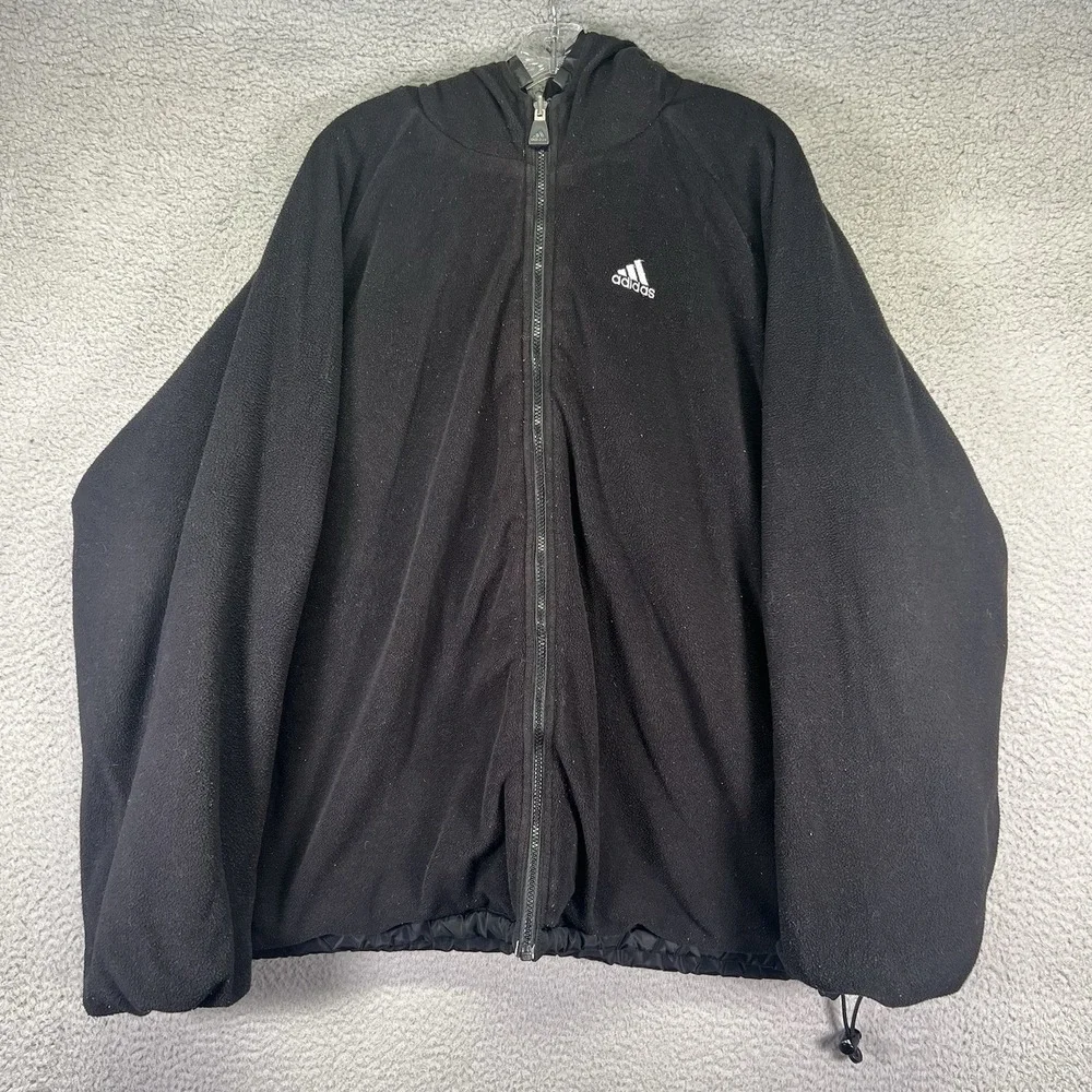 Vintage Adidas Jacket Mens Large Black Zip Hooded Reversible Fleece Windbreaker